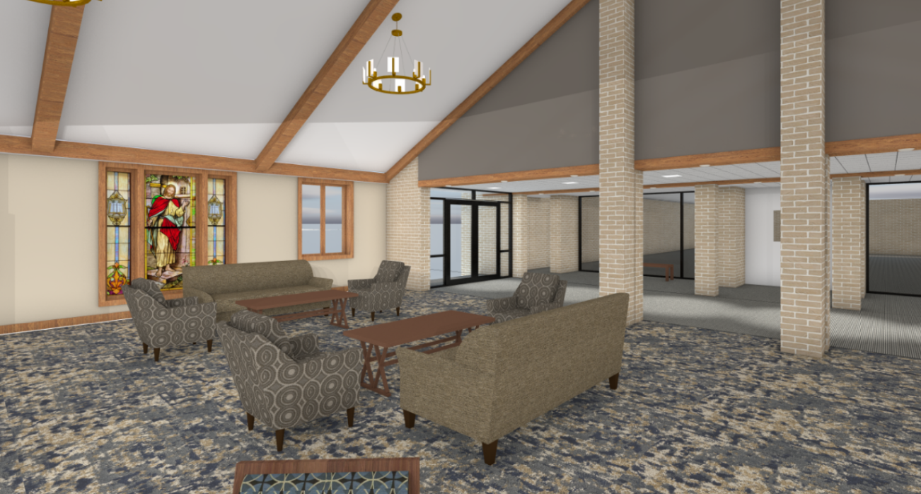 Rendering of the renovated lounge area outside the sanctuary